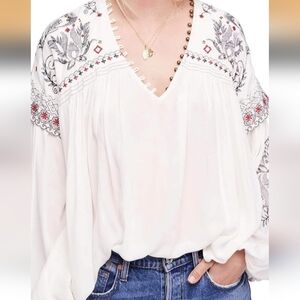 Free People White Embroidered Blouse